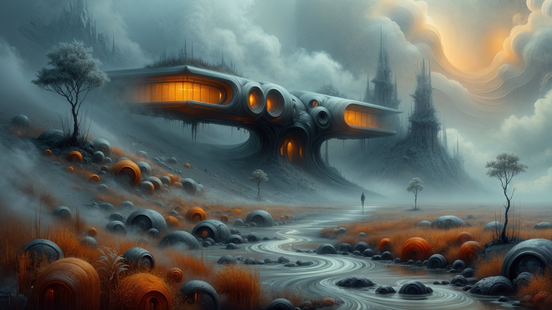 Surreal Landscape with Futuristic Structure and Orbs