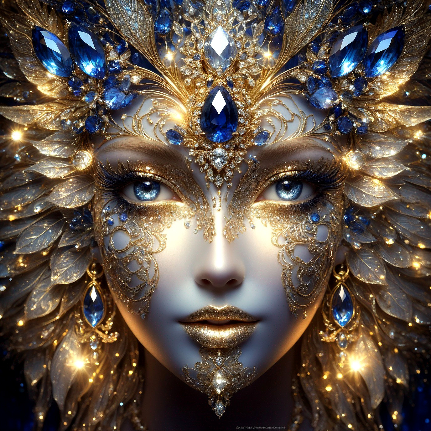 Ethereal Face Design with Blue Gemstones and Gold Accents