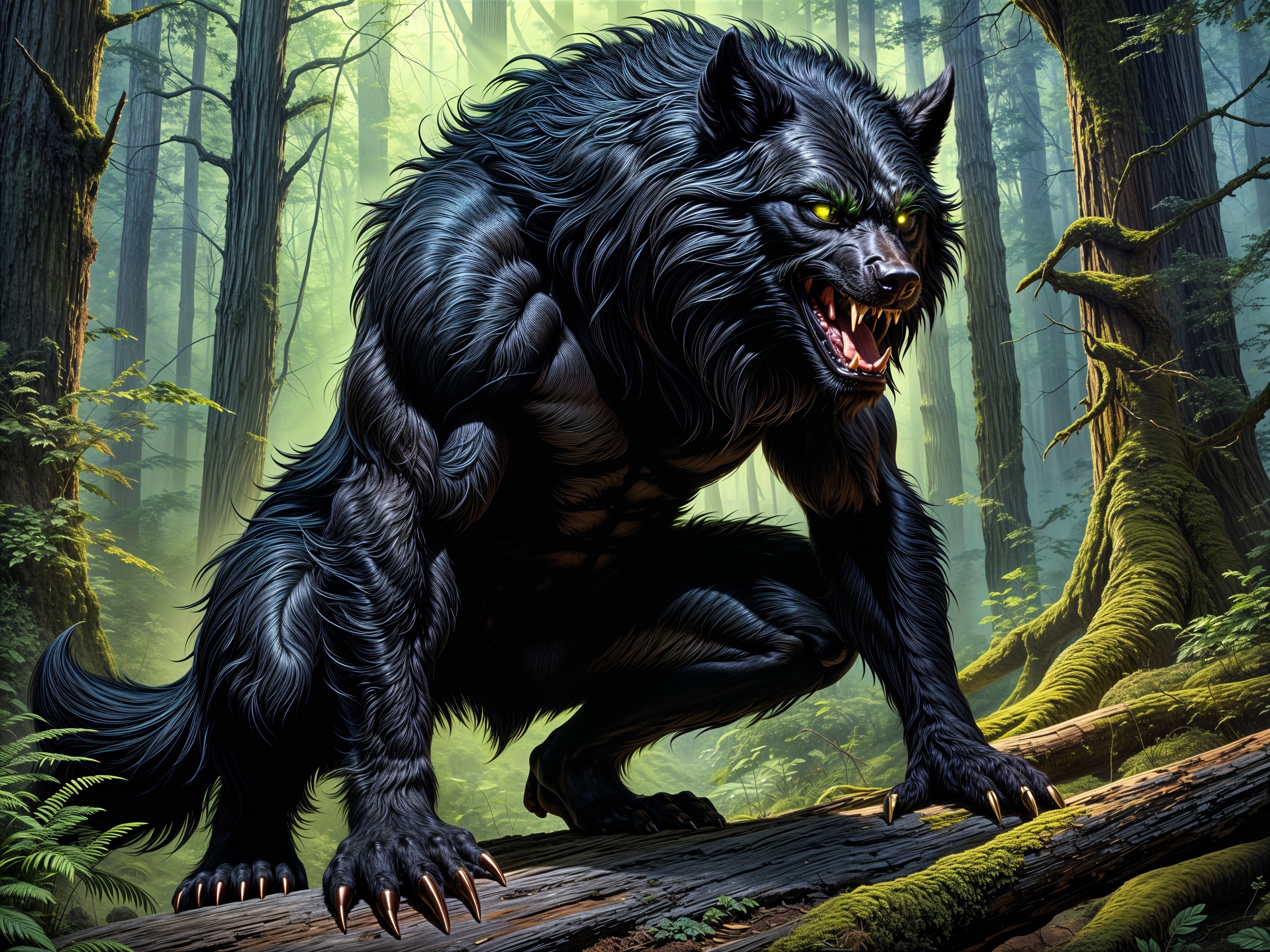 Black Wolf Creature in Misty Forest Setting