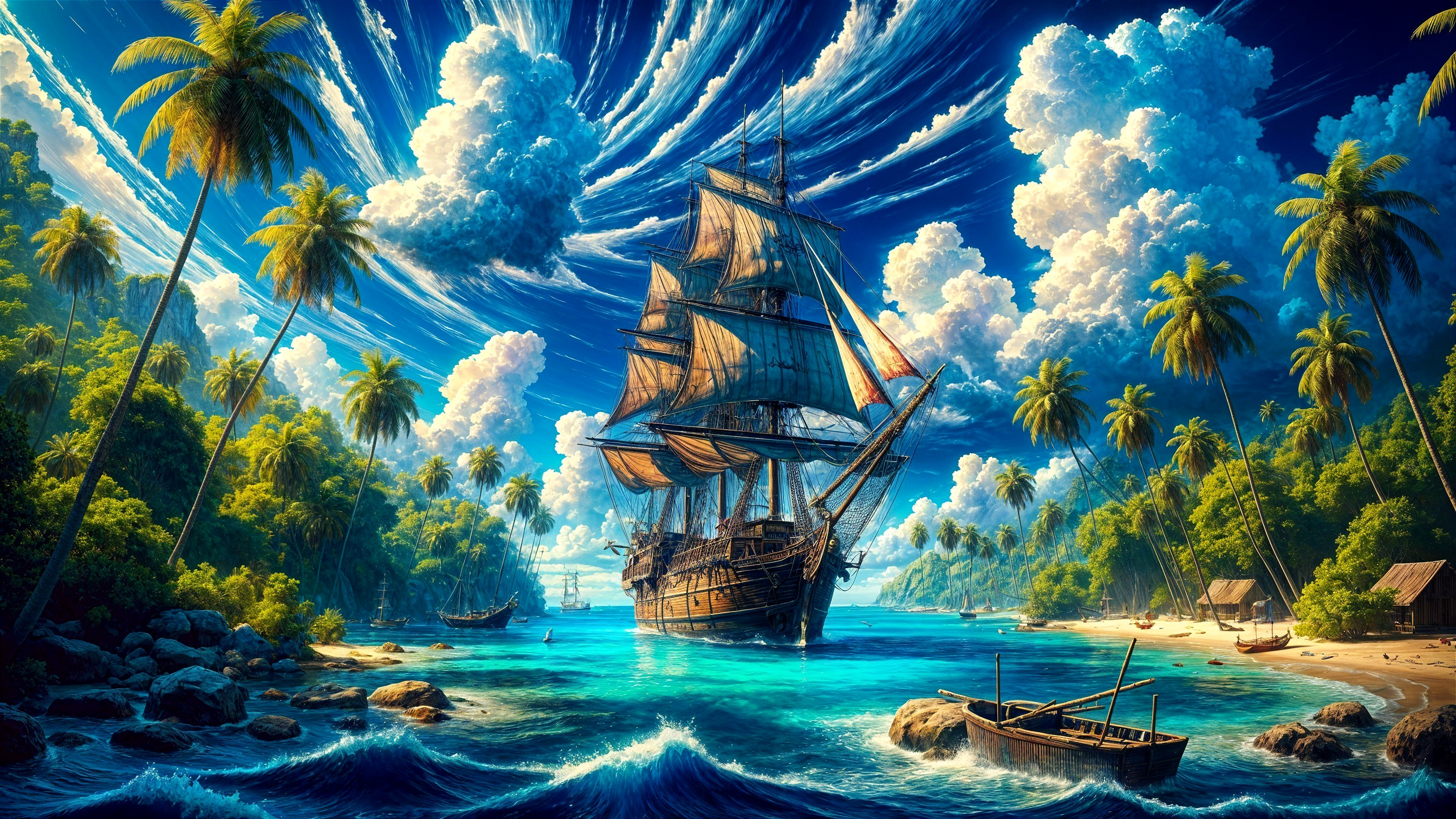 18th-Century Sailing Ship in Tropical Paradise Setting