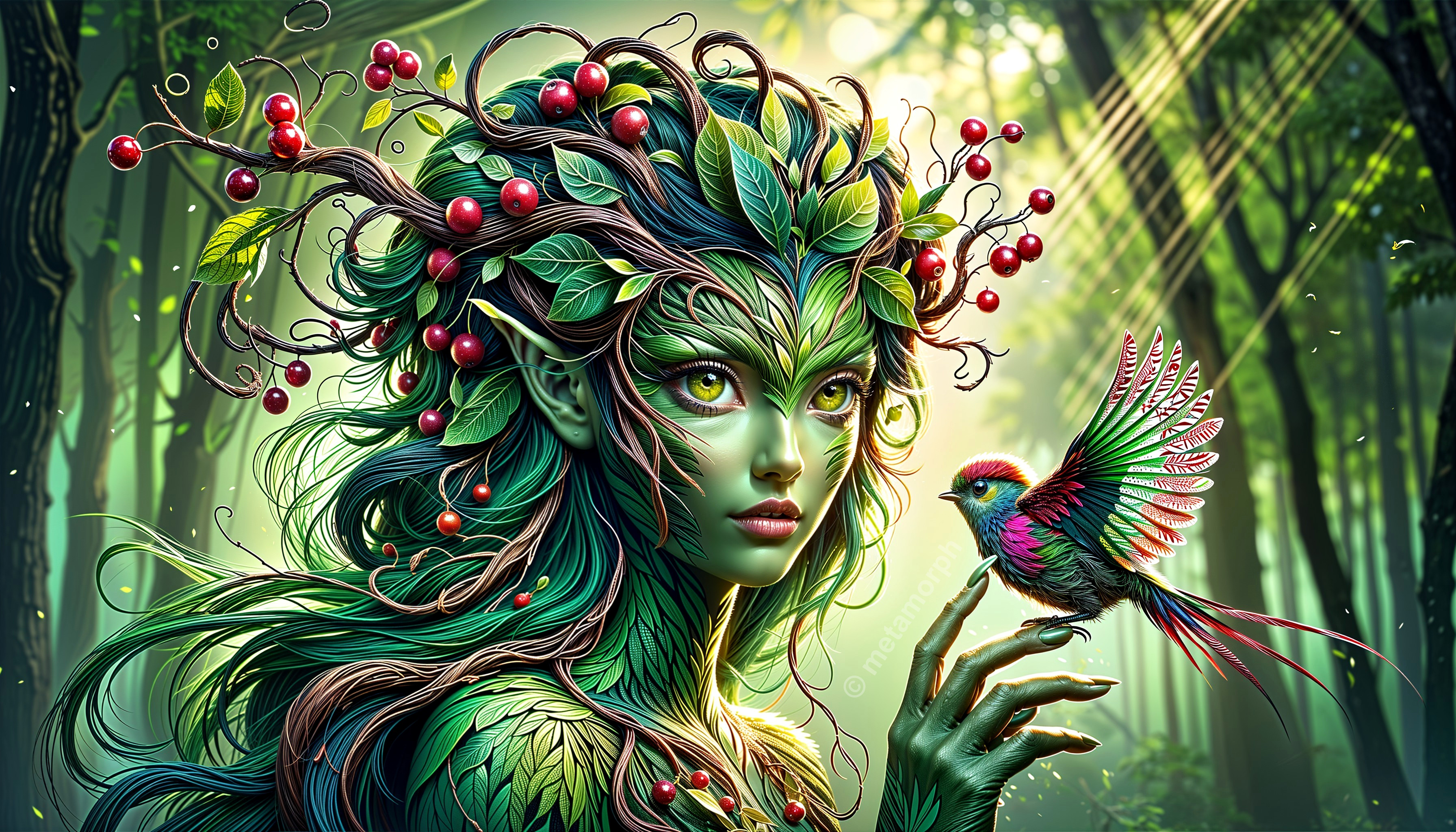 Mystical figure with green skin in a sunlit forest