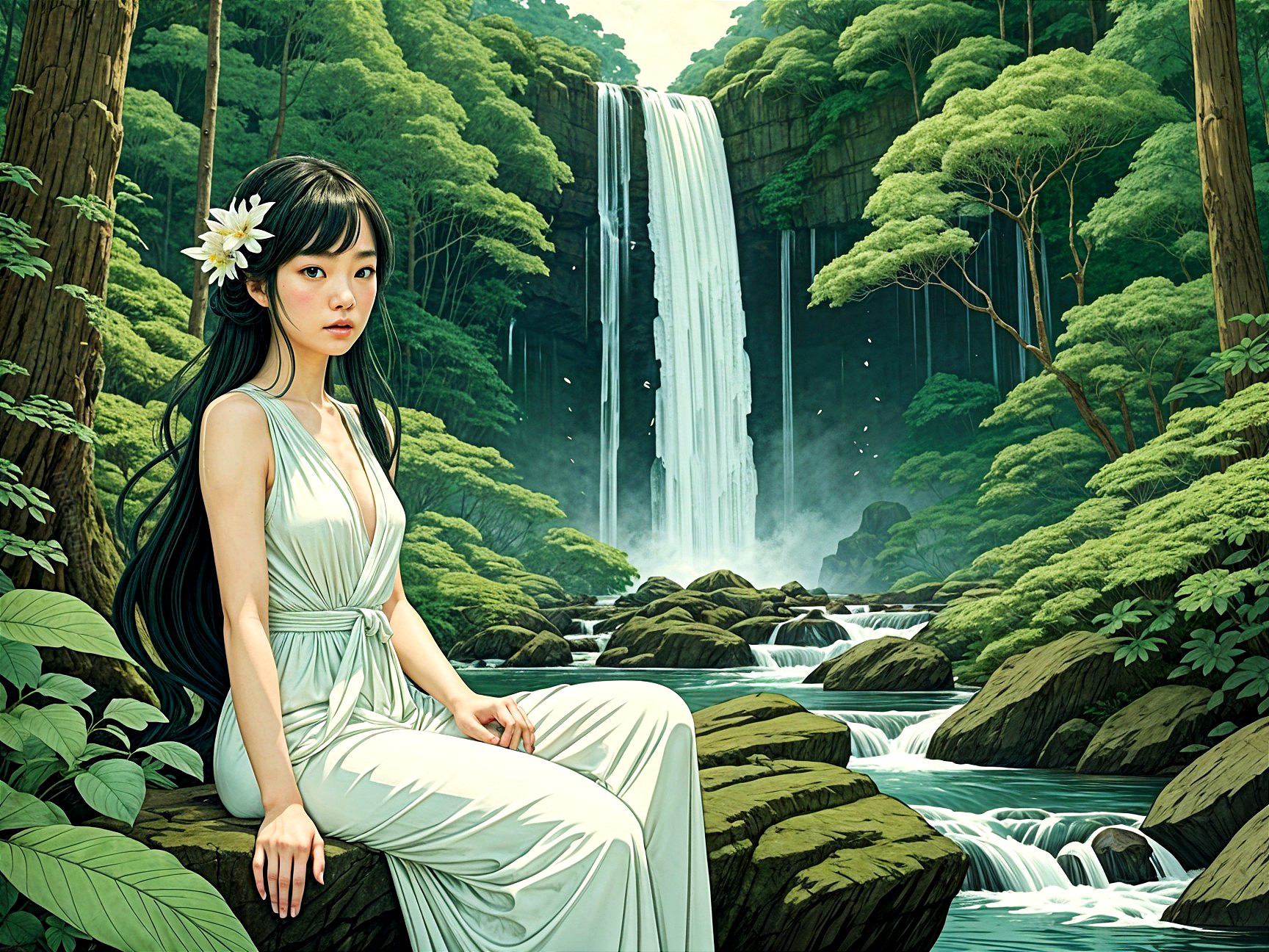 Young Woman in White Dress by a Waterfall in Forest