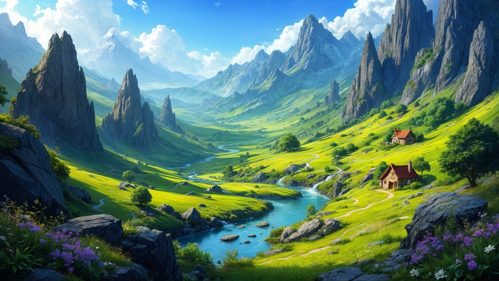 Lush Green Valley with Mountains and Flowing River