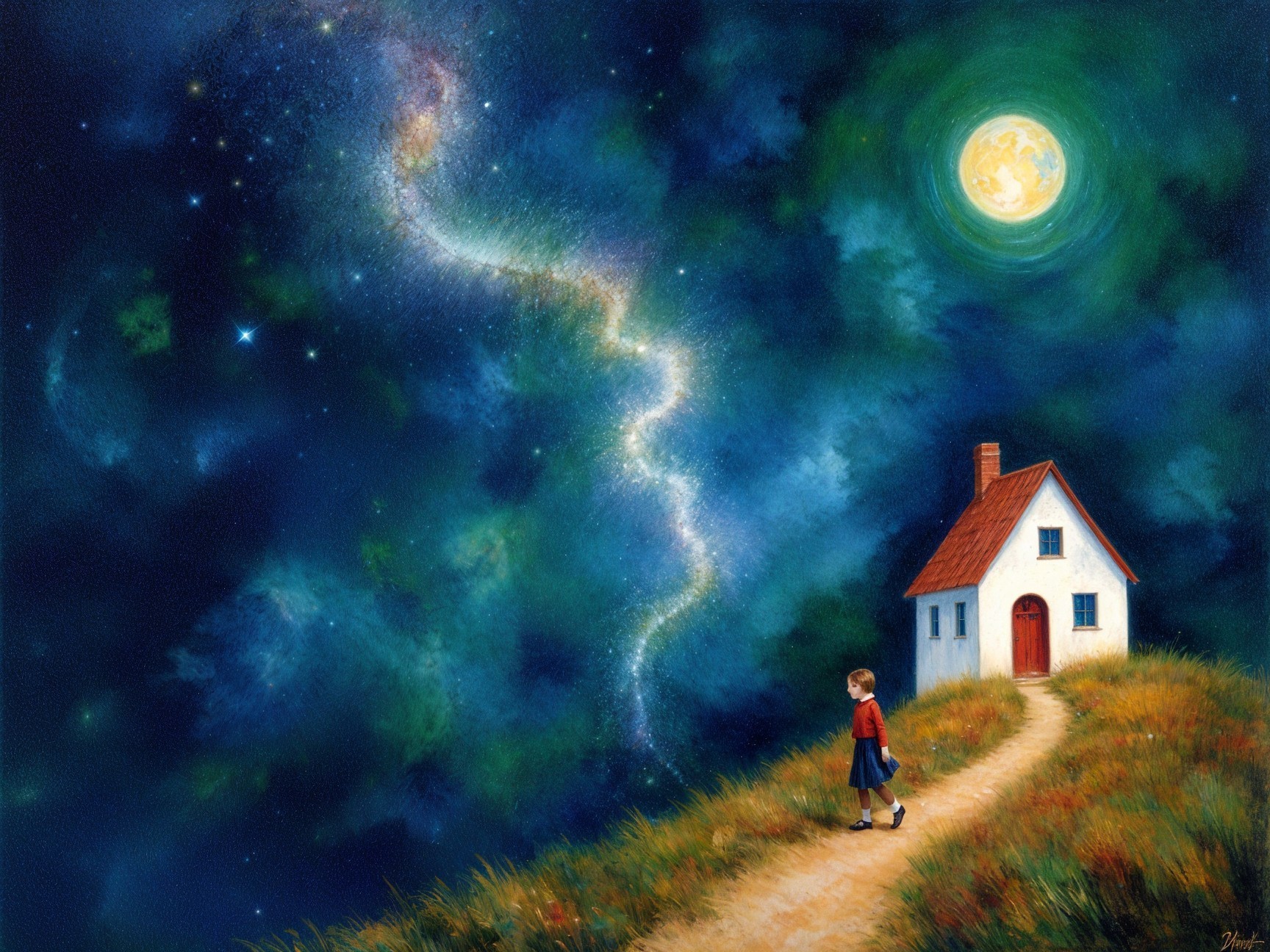 Whimsical Scene of a Girl and a Quaint House at Night