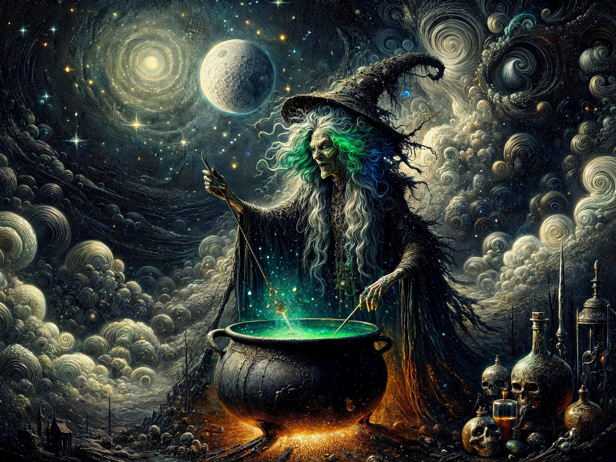 Mystical witch stirring cauldron under starry night sky