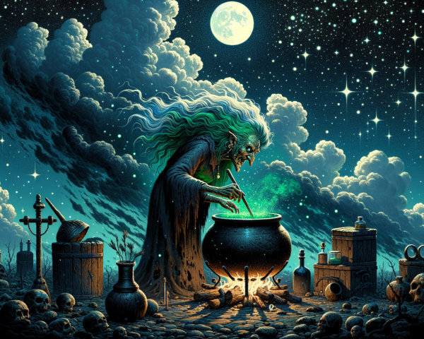 Witch with Green Hair Stirs Cauldron Under Full Moon