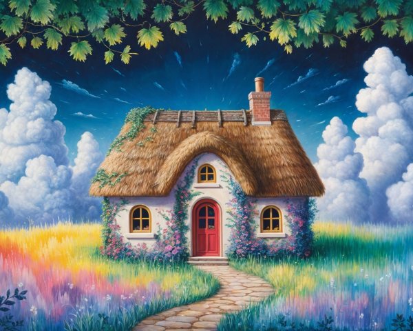Quaint Cottage Surrounded by Colorful Flower Fields