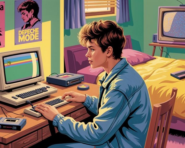 Retro Bedroom with Vintage Decor and Old Computer