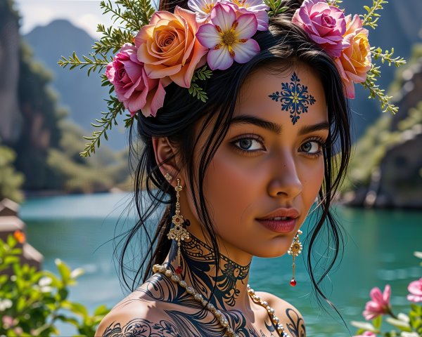 Young woman with tattoos in a vibrant landscape setting