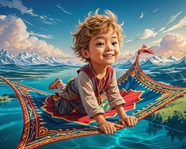 Child on a patterned magic carpet over blue waters and mountains