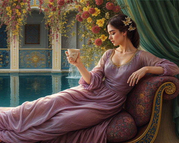 Elegant Woman in Lavender Dress by Tranquil Pool