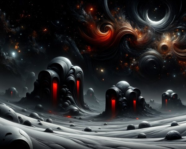 Surreal Cosmic Landscape with Alien Structures and Stars