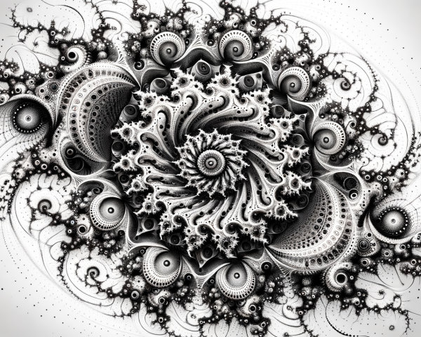 Intricate Black-and-White Fractal Spiral Design