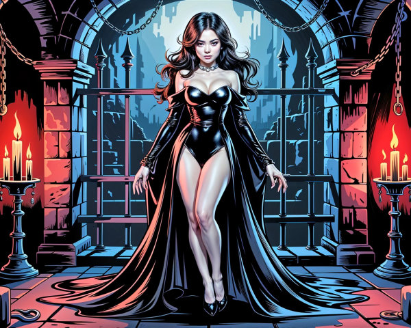 Gothic Interior with Candlelit Figure in Leather Outfit