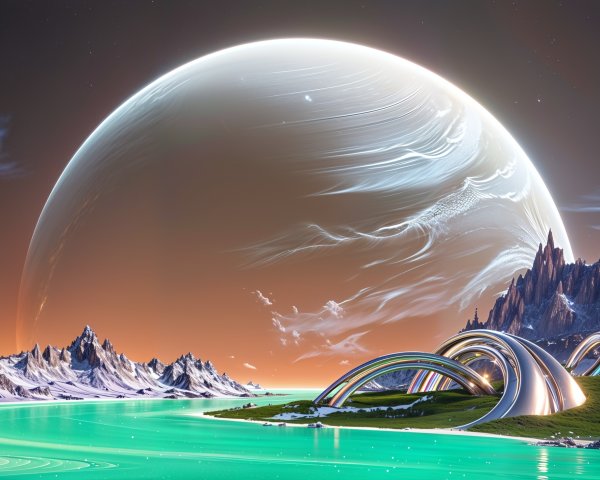 Surreal Alien Landscape with Turquoise Water and Mountains