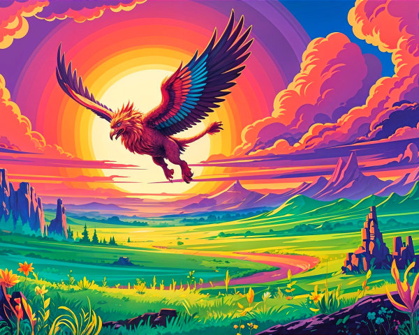 Vibrant Fantastical Landscape with Majestic Creature