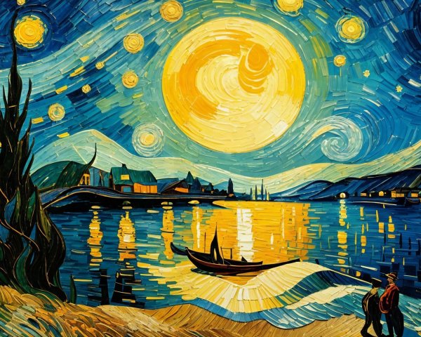 Vibrant Night Scene with Moonlit Lake and Silhouettes