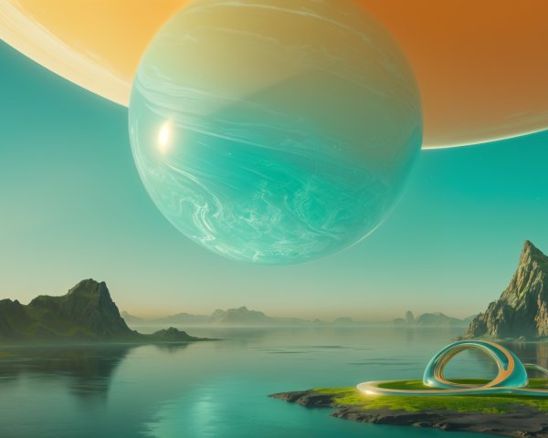 Surreal Alien Landscape with Turquoise Lake and Planet
