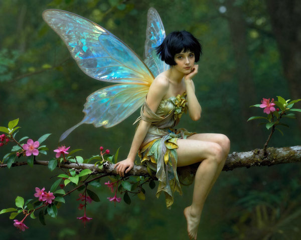 Young girl with blue wings on a flowered tree branch