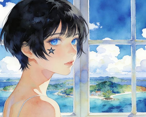 Anime girl by window with tropical ocean view