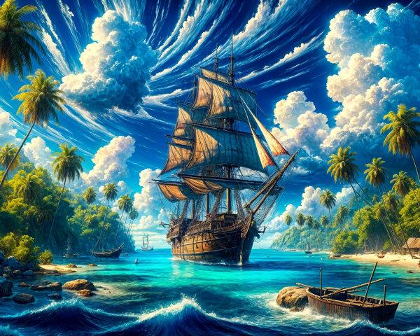 18th-Century Sailing Ship in Tropical Paradise Setting