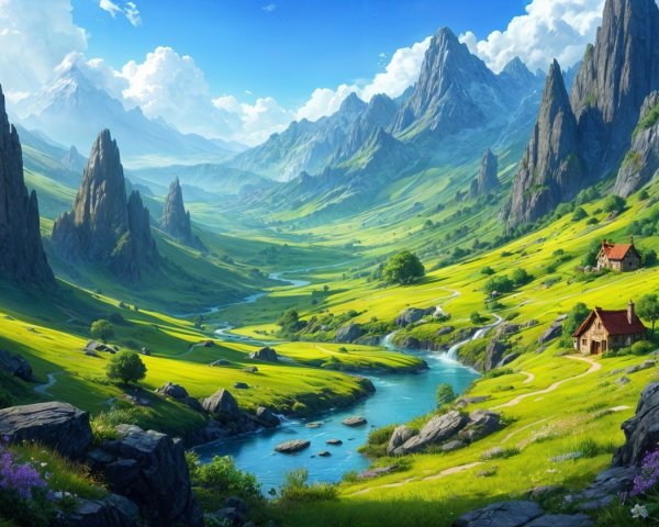 Lush Green Valley with Mountains and Flowing River