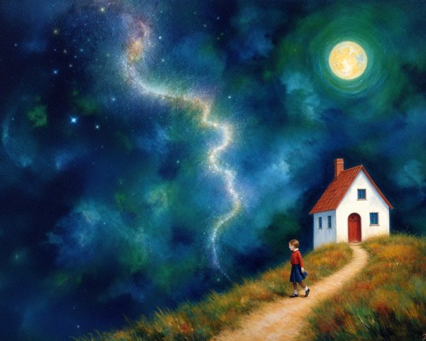 Whimsical Scene of a Girl and a Quaint House at Night