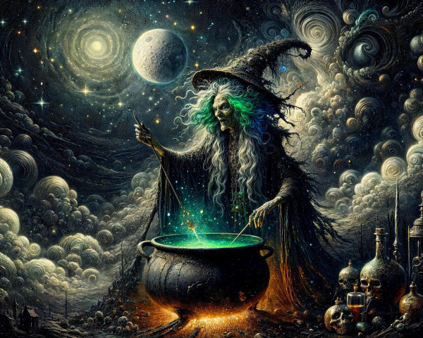 Mystical witch stirring cauldron under starry night sky