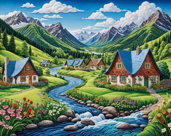 Charming Cottages in a Vibrant Countryside Landscape