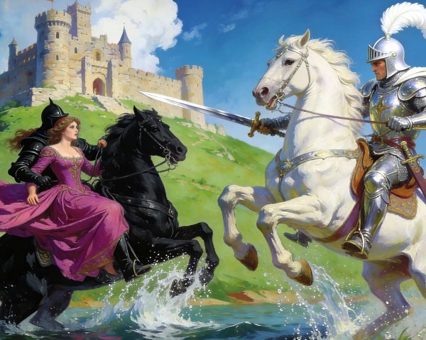 Dramatic Oil Painting of Knights and a Castle Scene