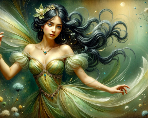 Mystical Fairy in Dreamy Landscape with Green Wings