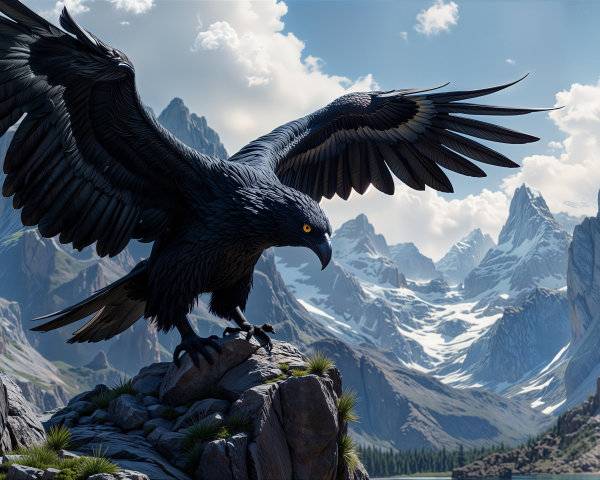 Black Eagle on Rocky Outcrop with Mountain Backdrop