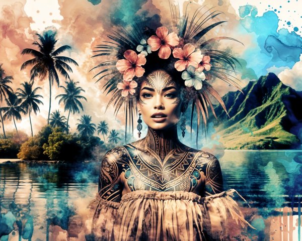 Portrait of a Tattooed Woman in Tropical Scenery