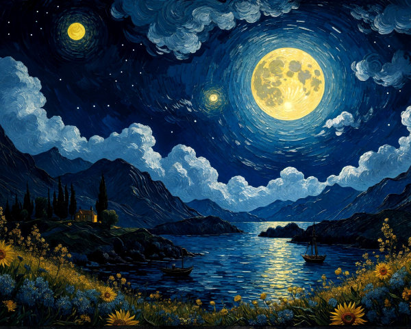Serene Landscape with Full Moon and Sunflowers
