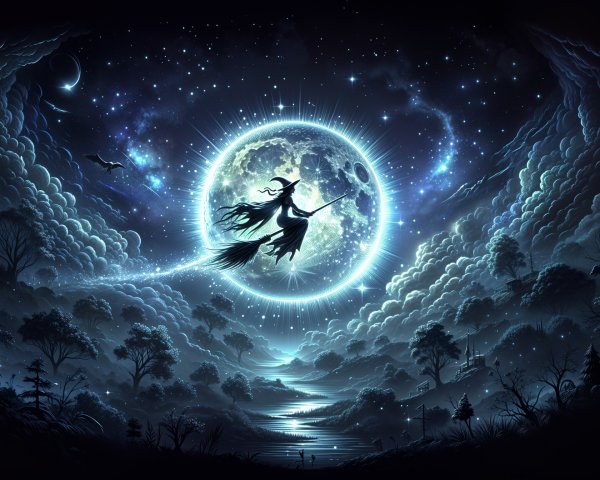 Mystical Night Scene with Witch and Full Moon