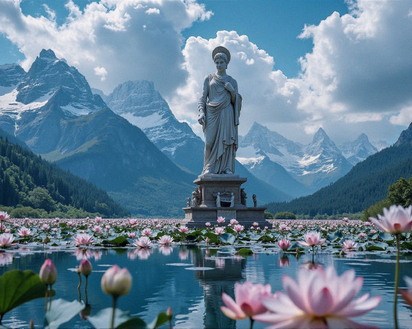Majestic Statue in Serene Lake Landscape with Lotus Flowers