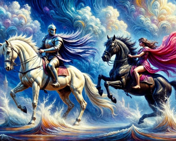 Knight and Female Figure Riding Horses in Fantasy Scene