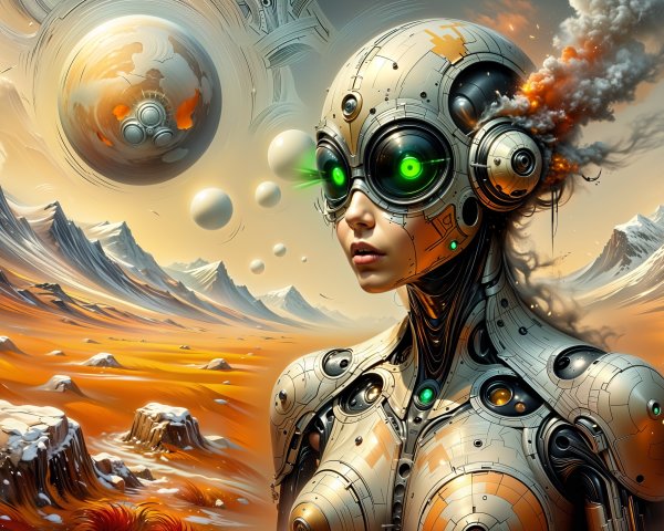 Cyborg Woman in Surreal Alien Landscape with Moons
