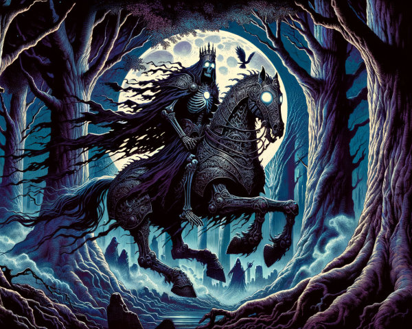 Skeletal Figure on Spectral Horse in Shadowy Forest