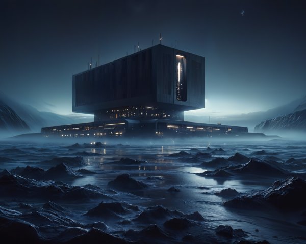 Futuristic Structure in Misty Landscape at Twilight
