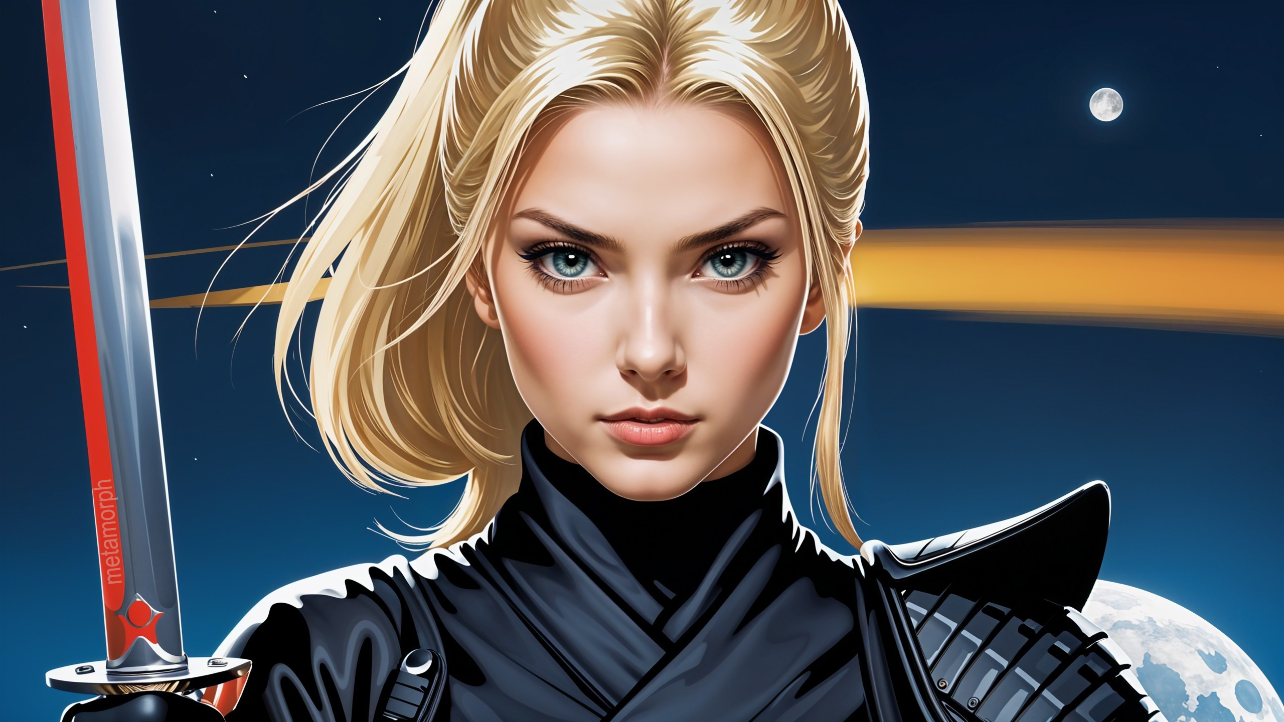 Fierce Female Warrior in Futuristic Cosmic Setting