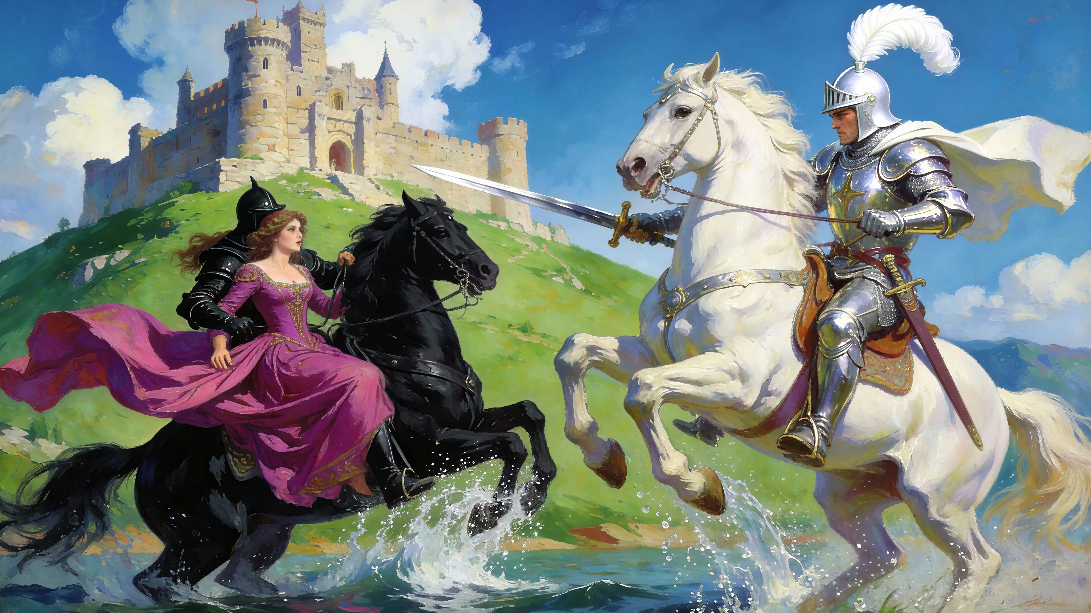 Dramatic Oil Painting of Knights and a Castle Scene