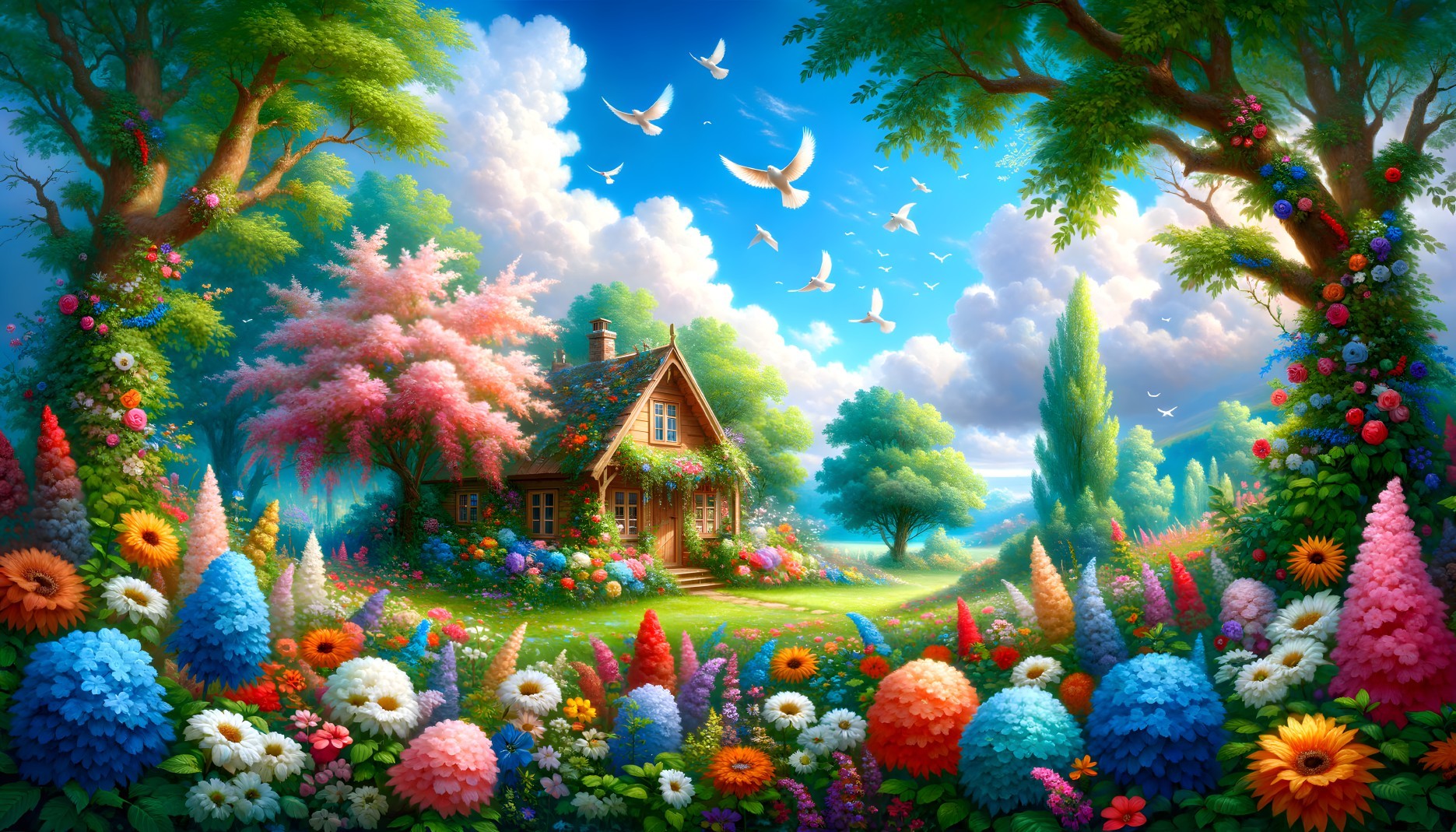 Whimsical Cottage Surrounded by Vibrant Blossoms