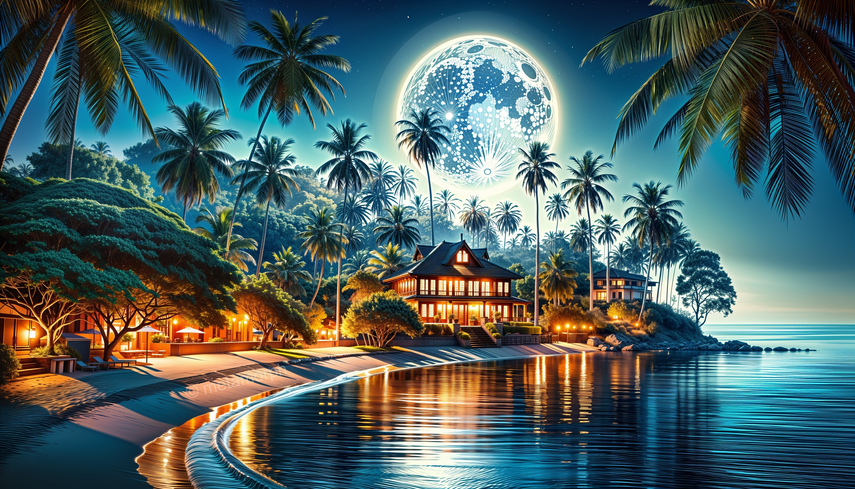 Serene Tropical Beach at Night Under Full Moonlight