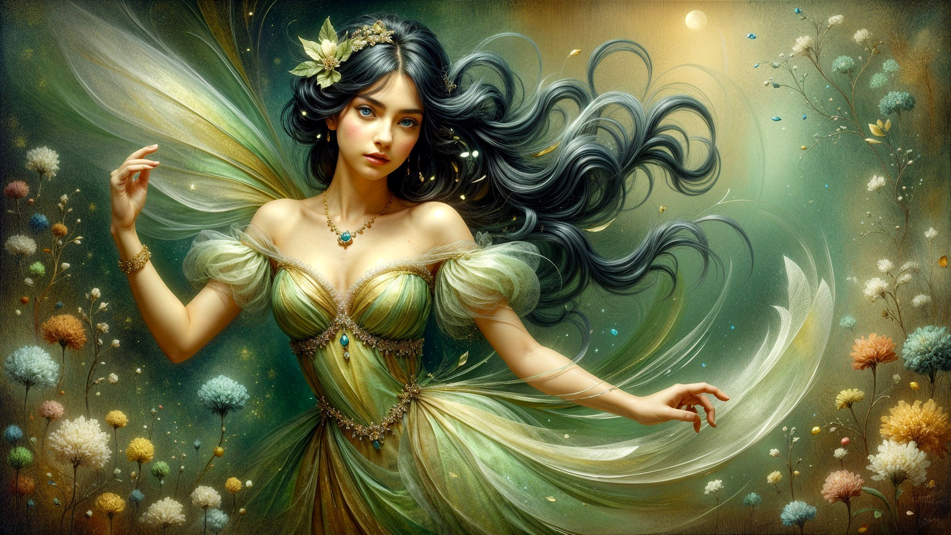 Mystical Fairy in Dreamy Landscape with Green Wings