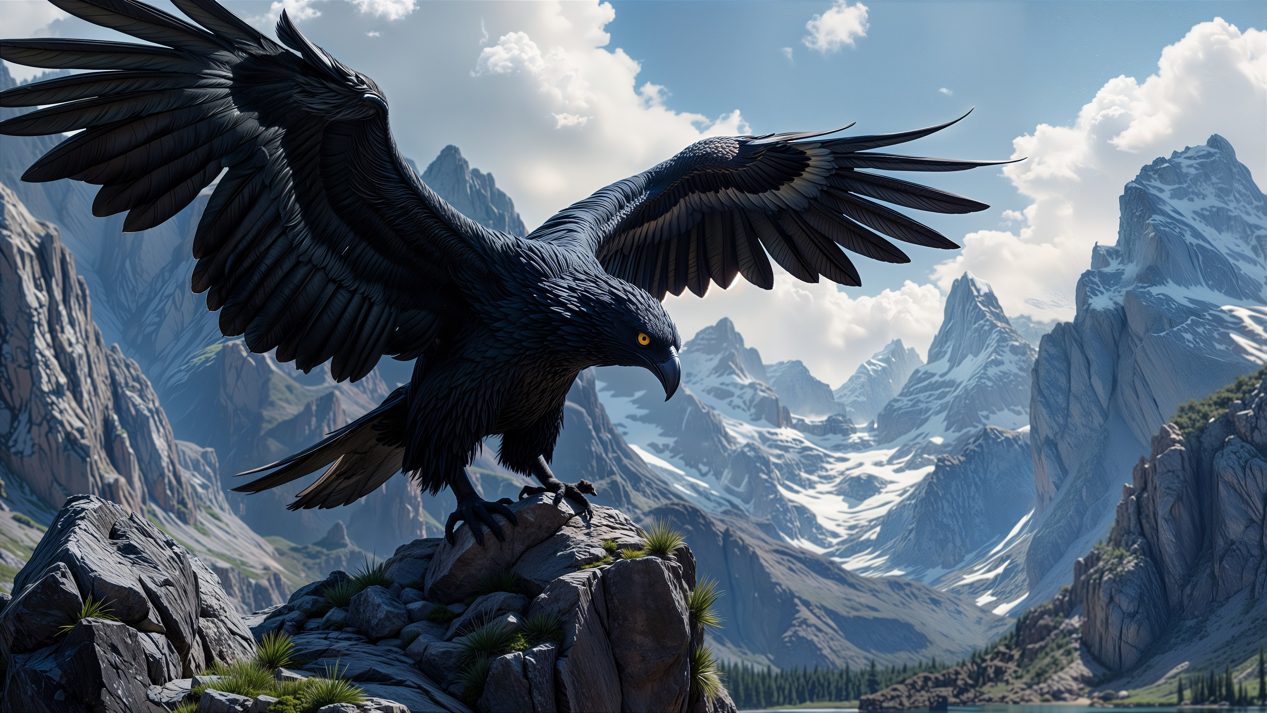 Black Eagle on Rocky Outcrop with Mountain Backdrop