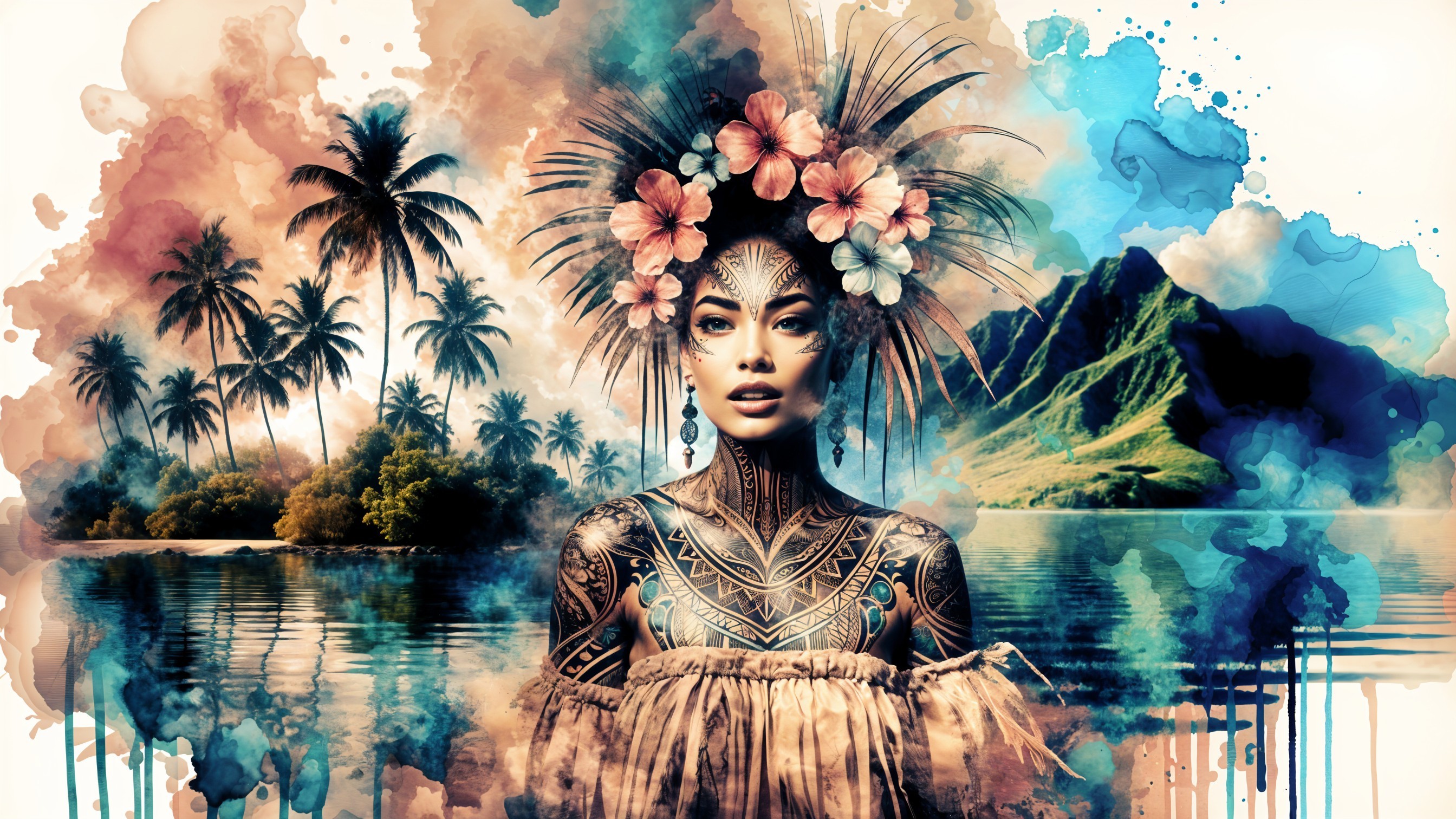 Portrait of a Tattooed Woman in Tropical Scenery