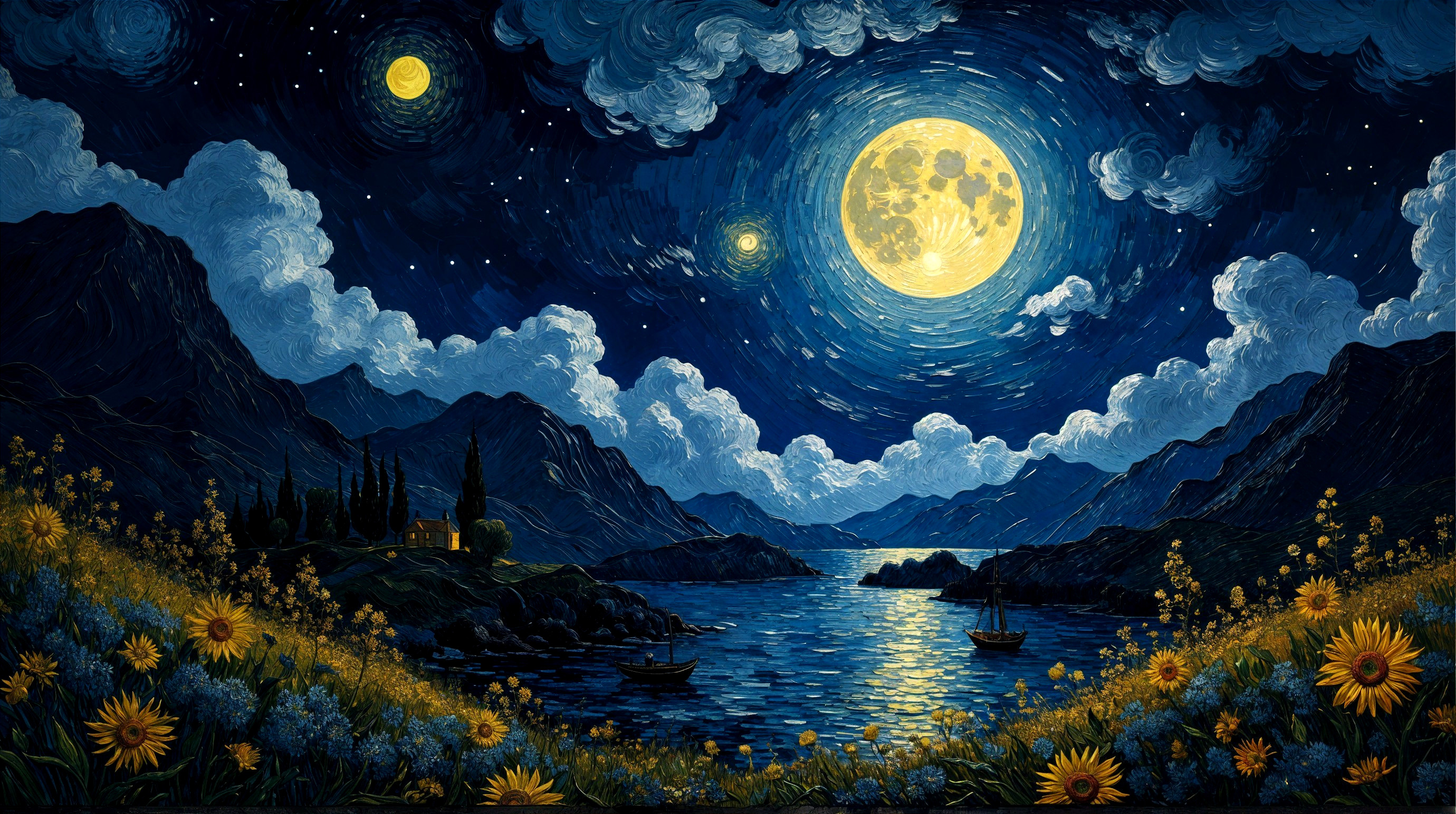 Serene Landscape with Full Moon and Sunflowers