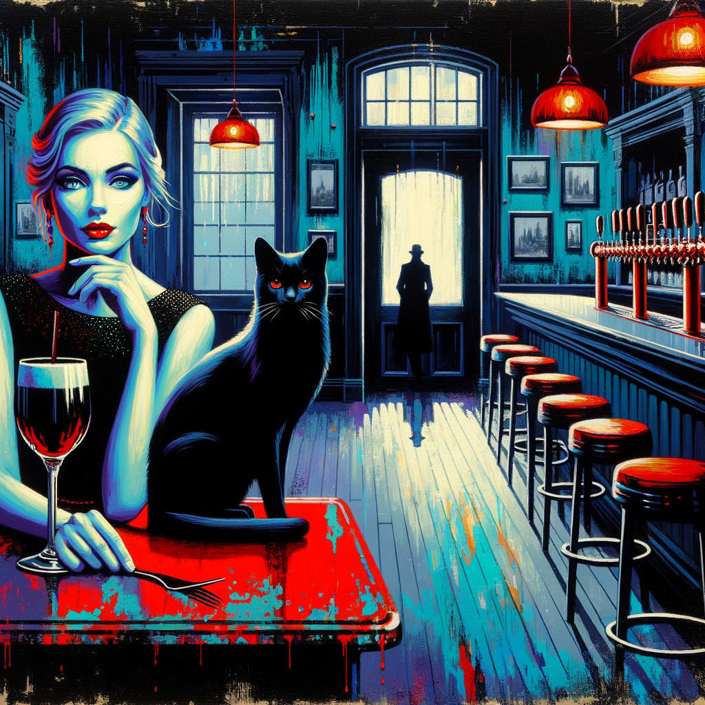 Atmospheric Bar Scene with Glamorous Woman and Cat