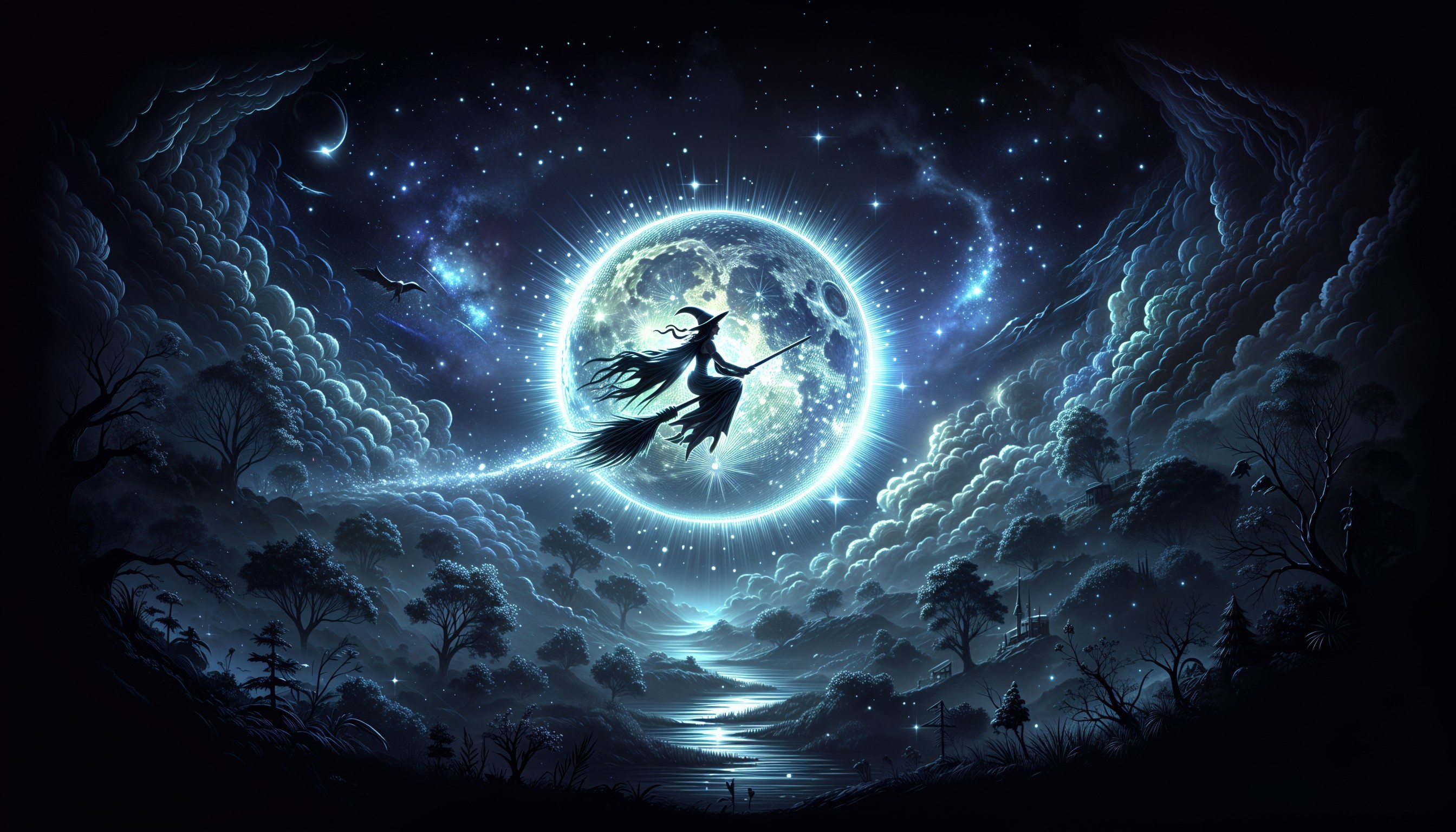 Mystical Night Scene with Witch and Full Moon